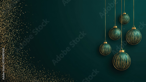 Minimalist $3D$ render, five dark teal Christmas baubles with intricate golden line patterns, hanging on golden strings, dense gold glitter on the left, dark emerald green background, luxury, elegant