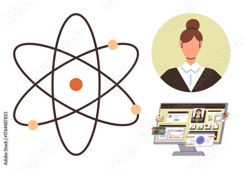 Atom icon with orbiting electrons, professional woman avatar, and desktop showing online scientific tools. Ideal for science, education, research, e-learning, knowledge, technology or innovation
