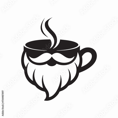 Minimal coffee cup icon with Santa beard steam, clean vector for T-shirt. Design layer should be clean and smooth.