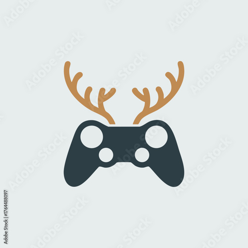 Reindeer antlers on gaming controller icon, minimal Christmas gamer concept. Design layer should be clean and smooth.