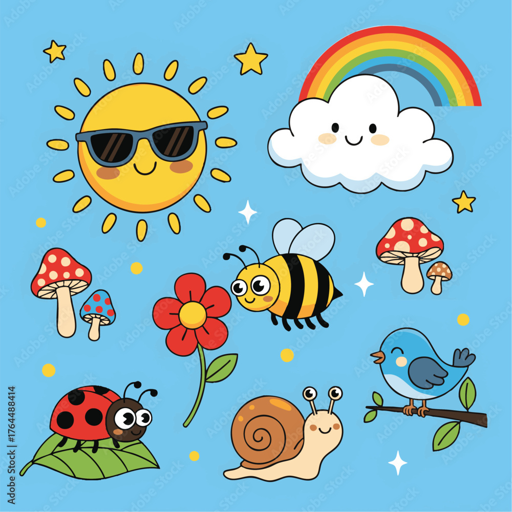Fototapeta premium Whimsical Spring Nature Cartoon Elements Collection