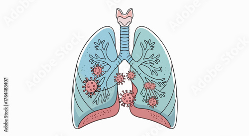 illustration of human lungs with virus particles attacking respiratory tracts