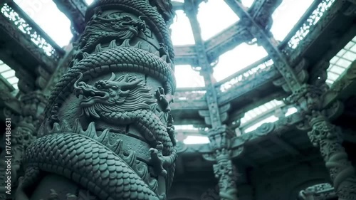Intricate dragon sculpture on a pillar inside an architectural structure