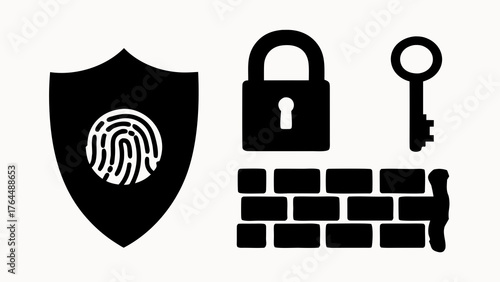 Illustration of a shield with fingerprint, padlock, key and brick wall in black and white style