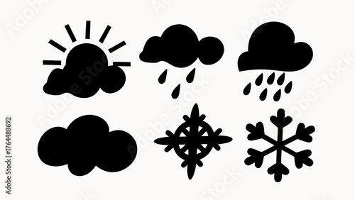 Illustration of weather icons including sun with cloud rain cloud snowflake and more symbols displayed