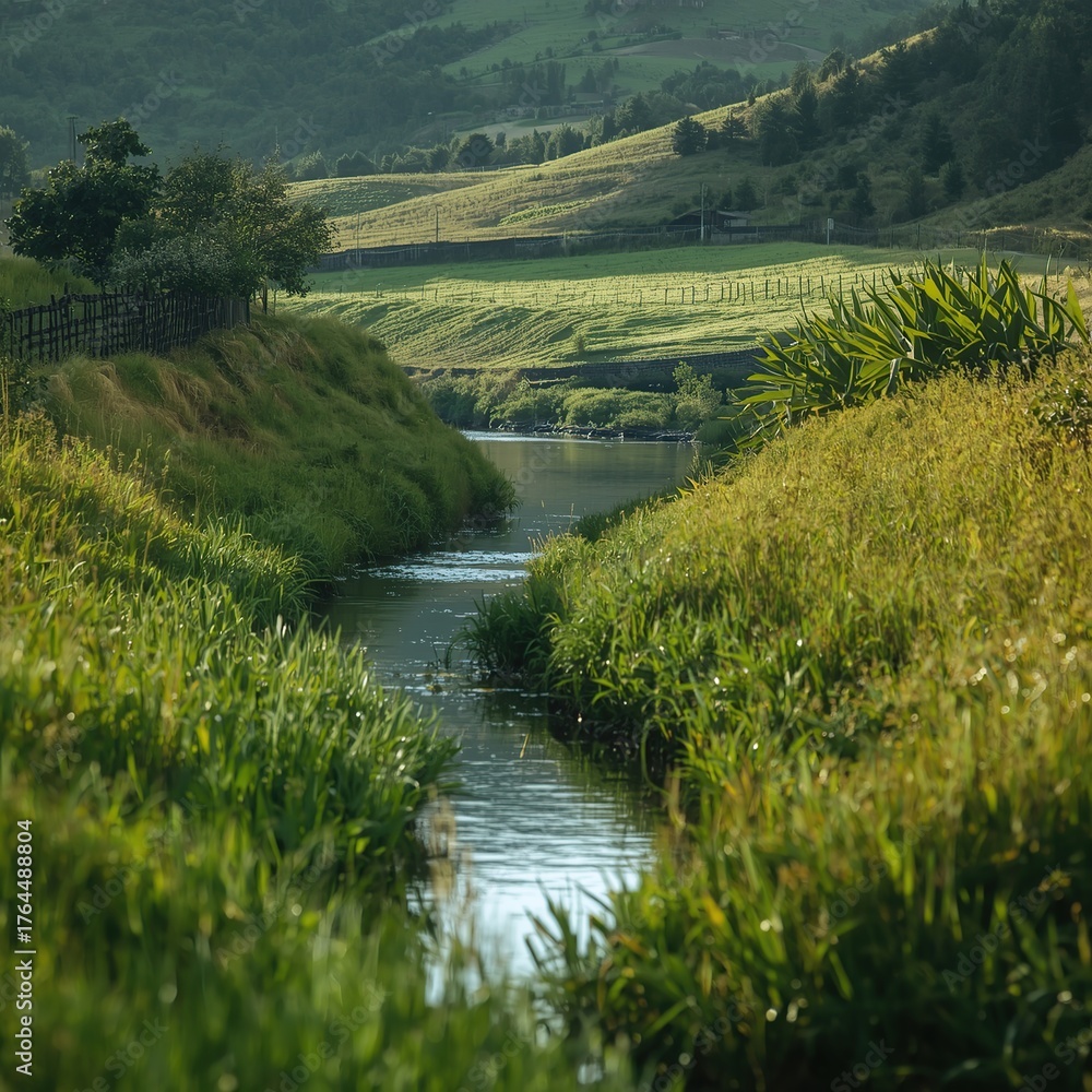 Naklejka premium Serene Flowing Stream Through Lush Green Countryside Valley on a Sunny Day