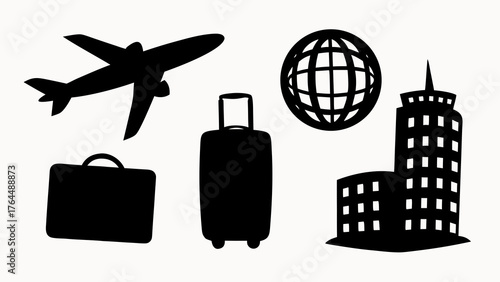 Black silhouette of an airplane, suitcases, globe, and building representing travel and destinations