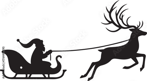 Santa Claus in Sleigh with Reindeer Silhouette Flying Across the Moon and Stars