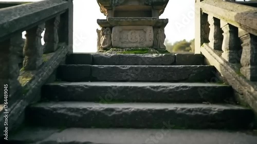 Stone stairway leading upwards towards sunlight ancient architecture