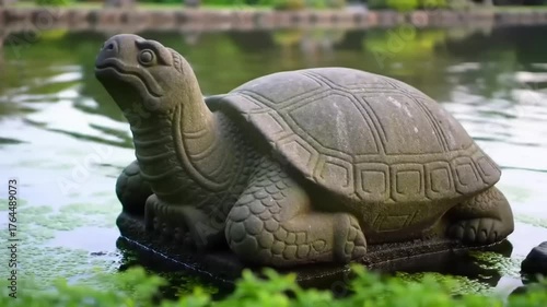 Stone turtle sculpture in pond water amidst greenery