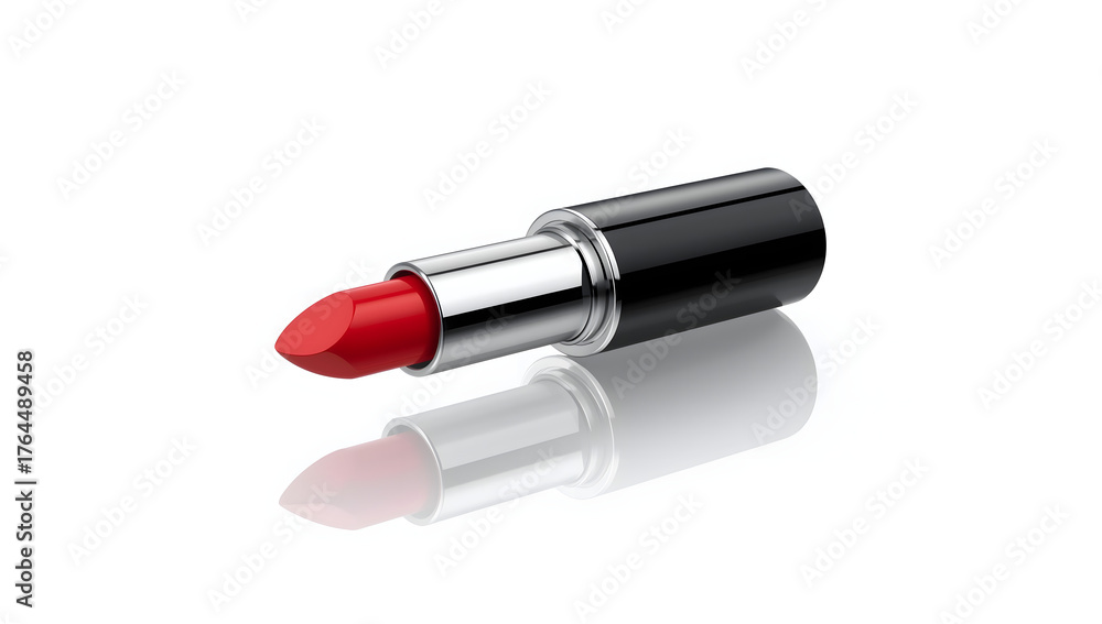 Obraz premium Open lipstick tube with a vibrant fire engine red shade on white background, elegant cosmetic product symbolizing beauty, glamour, makeup, fashion, femininity, and professional cosmetic branding