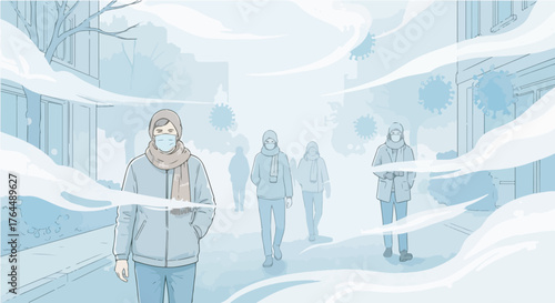 a misty city street in early winter, people wearing scarves and masks, subtle virus-shaped patterns hidden in the fog