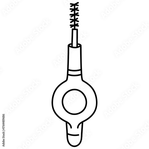 An interdental brush for dental hygiene hand drawn black and white doodle style illustration isolated on white background. Ideal for representing oral care, dental cleaning tools, health and hygiene