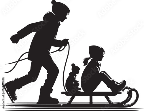 Children Sledding Silhouette