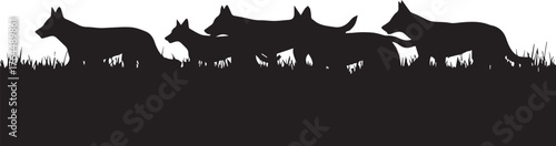 A captivating vector silhouette of a wild dog mob moving gracefully through indigenous Australian tall grass, illustrating the serene beauty and collective 