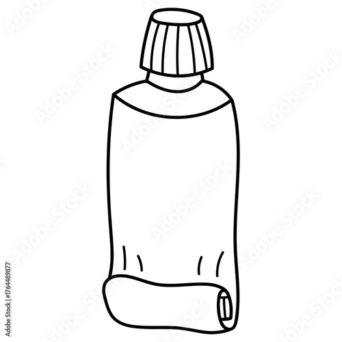 Black and white doodle illustration of a squeezed tube with a cap isolated on white background. Minimalist and handdrawn. Perfect for hygiene, cosmetic, toothpaste, cream, ointment packaging concepts