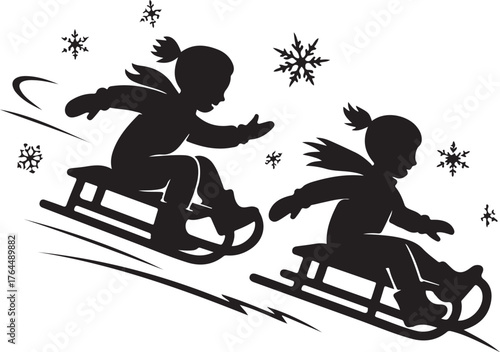 Children Sledding Silhouette