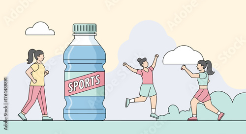 Illustration of active women exercising and hydrating with a sports drink.