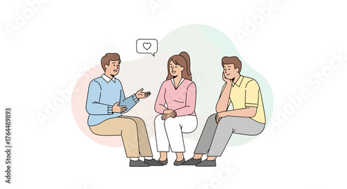 Therapy Session with Counselor and Couple Discussing Relationship Issues.