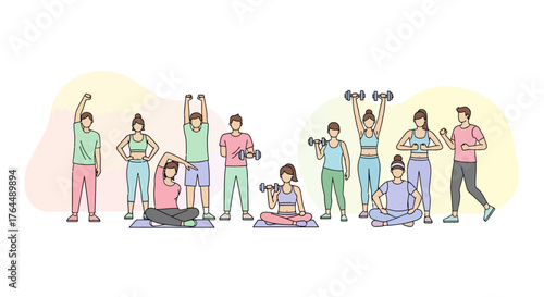Group of people exercising and working out together in a fitness class.
