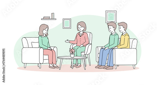 Group therapy session with a professional female counselor.