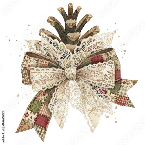 An intricate pinecone adorned with a meticulously crafted bow, this image showcases a stunning interplay of textures and elements in a celebration of the season's charm.