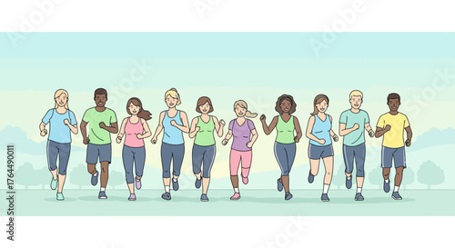 Diverse group of people running together for fitness and health.