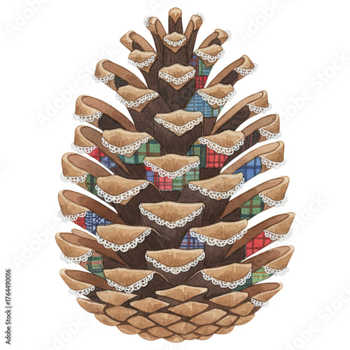 A stylized illustration showcases a detailed pine cone adorned with vibrant, miniature tartan details, creating a unique and decorative visual composition.