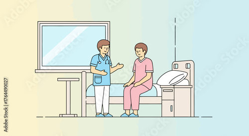 Doctor talking to patient in hospital room illustration.
