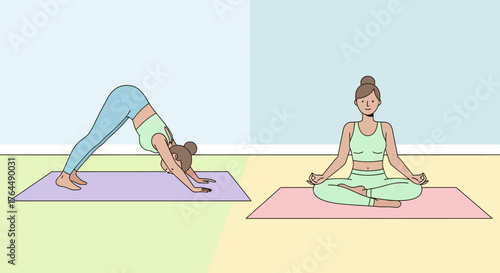 Yoga poses demonstrating downward dog and seated meditation for wellness.