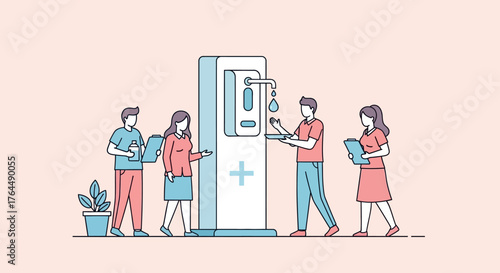 People using a hand sanitizer dispenser in a public space.