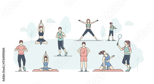 Diverse Group Engaged in Outdoor Fitness Activities.