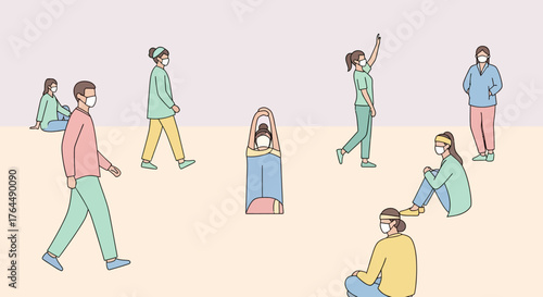 People wearing masks maintaining social distancing during pandemic.