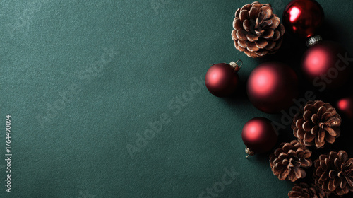 Flat lay top-down arrangement of matte deep red Christmas baubles and natural pine cones, dark teal (petrol green) textured background, minimal composition, elegant, studio lighting