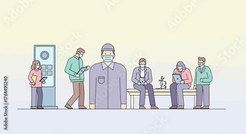 People in a waiting room with one person wearing a face mask.