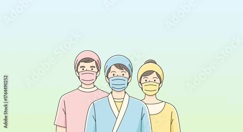 Three medical professionals wearing face masks and scrubs.