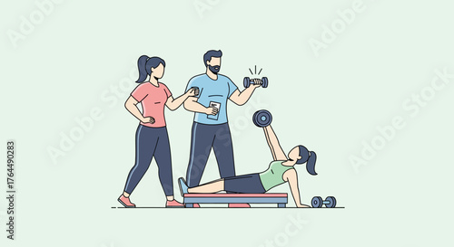 Personal trainer assisting a woman with dumbbell chest press exercise.