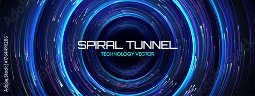 Tech line whirlpool with spiral circular radial background and circle pattern sketch. Spin whirl fractal with music modern frame abstract and neon speed design. Swirl concept geometry with technology