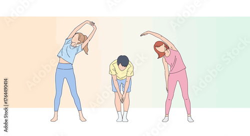 Three people stretching and exercising together in a studio.