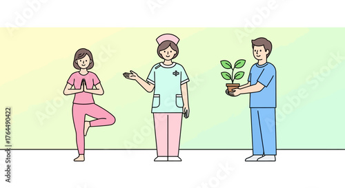 Healthcare professionals promoting wellness through yoga and nature.