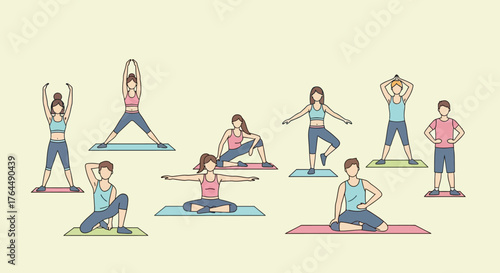 Collection of illustrated people practicing various yoga and stretching poses.