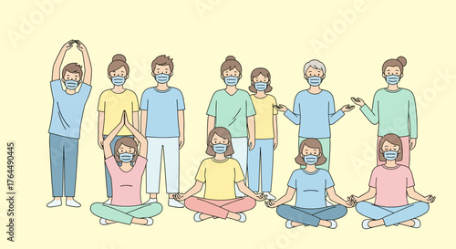 Group of People Practicing Yoga While Wearing Face Masks.