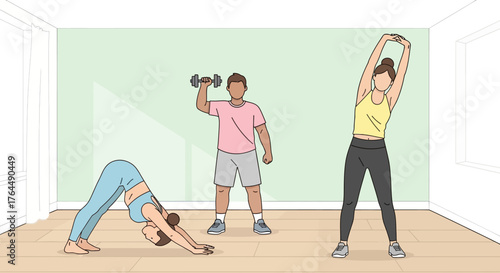 People exercising indoors with weights and yoga poses.