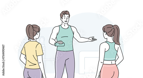Male fitness instructor explaining workout routine to two women.