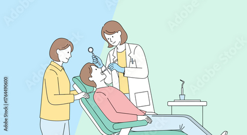 Female dentist examining a young patient in a dental chair with a guardian present.