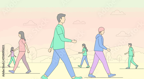 Diverse Group of People Walking Together in a Serene Outdoor Setting.
