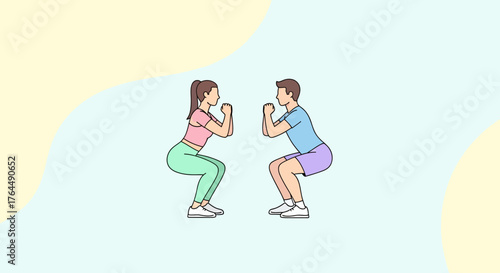 Man and Woman Performing Squats Together for Fitness.