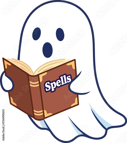 A cartoon ghost is reading a spellbook with the word "Spells" on the cover.