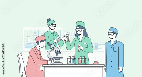 Scientists in lab coats conducting experiments with test tubes and microscope.