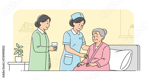 Nurses assisting elderly patient in hospital room providing care.